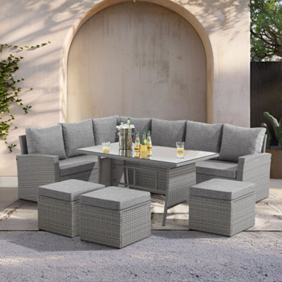EVRE Marilyn 9 Seater Rattan Garden Furniture Set Corner Sofa With Glass Table & Footstool Mountain Grey - image 1
