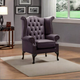 Chesterfield High Back Wing Chair Shelly Amethyst Leather Bespoke In Queen Anne Style - thumbnail 2