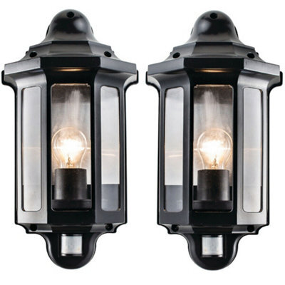 2 Pack Ip44 Outdoor Wall Light Satin Black Pir Half Lantern Traditional Porch - image 1