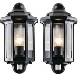 2 Pack Ip44 Outdoor Wall Light Satin Black Pir Half Lantern Traditional Porch