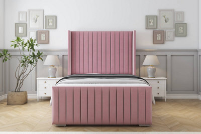 "Sloomy Marlborough Pink Plush Bed Frame With Mattress With 50""  Upholstered Wingback Headboard 3' Single" - image 1