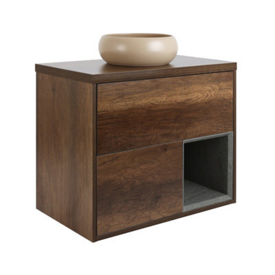Homestylestore Dark Oak 800mm Wall Hung Bathroom Vanity Unit Round Sand Countertop Basin Open Shelf - image 1