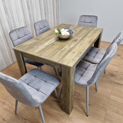 Kosy Koala Rustic Effect Dining Table Set With 6 Grey Velvet Chairs Stylish Dining Room Furniture Set - image 1