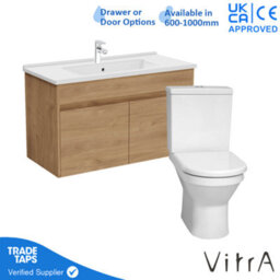 Vitra 1000mm Wall Hung Bathroom Vanity Unit With 2 Doors Includes Basin, Chrome Tap And Close Coupled Toilet Set - Golden Oak