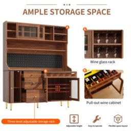 Btm Highboard 145X39X171Cm With Led And Wine Rack, Adjustable Shelves, Freestanding Cabinet, Walnut - thumbnail 8