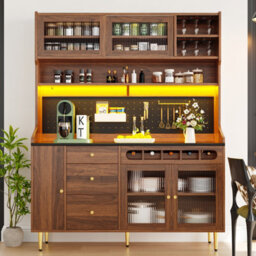 Btm Highboard 145X39X171Cm With Led And Wine Rack, Adjustable Shelves, Freestanding Cabinet, Walnut - thumbnail 3