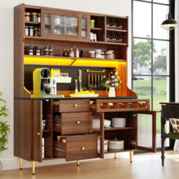 Btm Highboard 145X39X171Cm With Led And Wine Rack, Adjustable Shelves, Freestanding Cabinet, Walnut - thumbnail 2