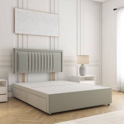 Bsspoke Canes Divan Bed In Silver Plush Velvet 24Inch Headboard 2 Drawers Same Side & No Mattress In Double King 3Ft 4Ft 6Ft - image 1