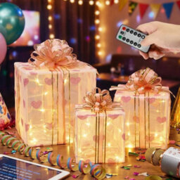 3 Pack Led Light Up Gift Boxes Christmas Decorations With Ribbon - thumbnail 1