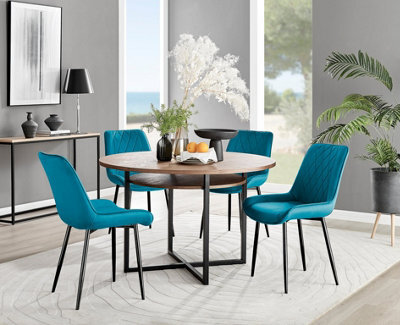 Furniturebox Adley Brown Wood Effect And Black Round Dining Table With Storage Shelf And 4 Blue Velvet Black Leg Pesaro Dining Chairs - image 1
