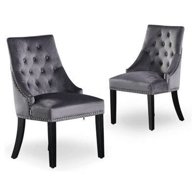 Life Interiors Set Of 2 Dark Grey Velvet Dining Chairs Ergonomic Scoop Knockerback & Button Tufted Wood Legs - image 1