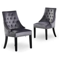 Life Interiors Set Of 2 Dark Grey Velvet Dining Chairs Ergonomic Scoop Knockerback & Button Tufted Wood Legs - thumbnail 1