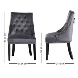 Life Interiors Set Of 2 Dark Grey Velvet Dining Chairs Ergonomic Scoop Knockerback & Button Tufted Wood Legs - thumbnail 8