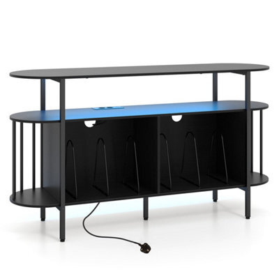 Black 140 Cm 3Tier Record Player Stand Vinyl Cabinet With Led Lights & Power Outlets - image 1
