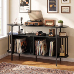 Black 140 Cm 3Tier Record Player Stand Vinyl Cabinet With Led Lights & Power Outlets - thumbnail 3
