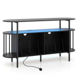 Black 140 Cm 3Tier Record Player Stand Vinyl Cabinet With Led Lights & Power Outlets - thumbnail 1