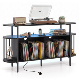 Black 140 Cm 3Tier Record Player Stand Vinyl Cabinet With Led Lights & Power Outlets - thumbnail 4