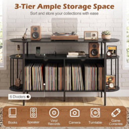 Black 140 Cm 3Tier Record Player Stand Vinyl Cabinet With Led Lights & Power Outlets - thumbnail 5
