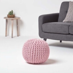 Homescapes Pastel Pink Round Cotton Knitted Pouffe Footstool - thumbnail 2
