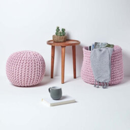 Homescapes Pastel Pink Round Cotton Knitted Pouffe Footstool - thumbnail 6