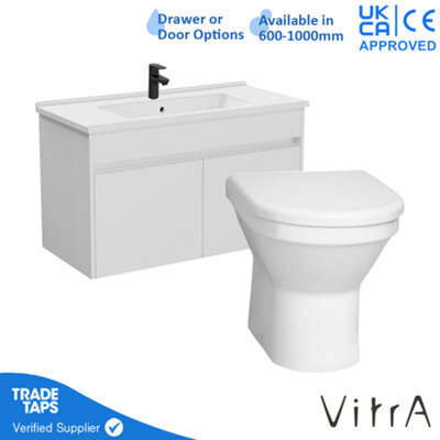 Vitra 1000mm Wall Hung Bathroom Vanity Unit With 2 Doors Includes Basin, Black Tap And Back To Wall Toilet - White Gloss - image 1