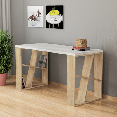 Decortie Honey Modern Desk With Integrated Bookshelf Storage White Oak 137Cm - image 1