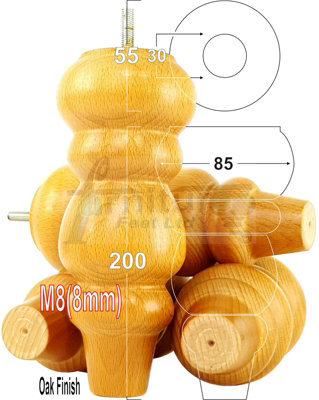 L&F Solid Wood Turned Furniture Feet 200mm High Oak Finish Replacement Legs Set Of 4  M8 Pkc220L - image 1