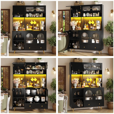 Matteo Tall Black Kitchen Sideboard Cabinet With Led Lights, Usb Power Outlets & Glass Shelves - image 1