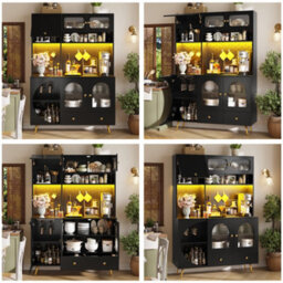 Matteo Tall Black Kitchen Sideboard Cabinet With Led Lights, Usb Power Outlets & Glass Shelves - thumbnail 1