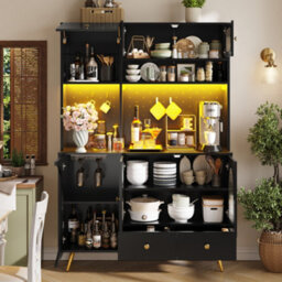 Matteo Tall Black Kitchen Sideboard Cabinet With Led Lights, Usb Power Outlets & Glass Shelves - thumbnail 2