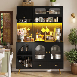 Matteo Tall Black Kitchen Sideboard Cabinet With Led Lights, Usb Power Outlets & Glass Shelves - thumbnail 3