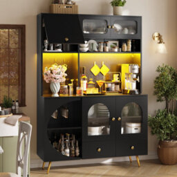 Matteo Tall Black Kitchen Sideboard Cabinet With Led Lights, Usb Power Outlets & Glass Shelves - thumbnail 4