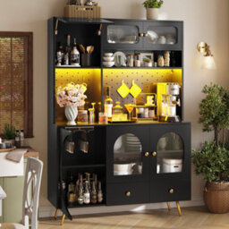 Matteo Tall Black Kitchen Sideboard Cabinet With Led Lights, Usb Power Outlets & Glass Shelves - thumbnail 5