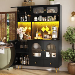 Matteo Tall Black Kitchen Sideboard Cabinet With Led Lights, Usb Power Outlets & Glass Shelves - thumbnail 6