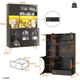 Matteo Tall Black Kitchen Sideboard Cabinet With Led Lights, Usb Power Outlets & Glass Shelves - thumbnail 7