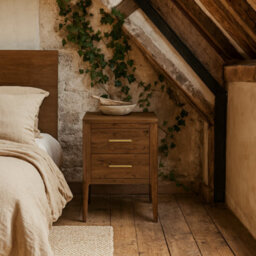 Wyld Haus Modena Brown Stained Oak Bedside Table With Two Brass-Handled Drawers - thumbnail 1