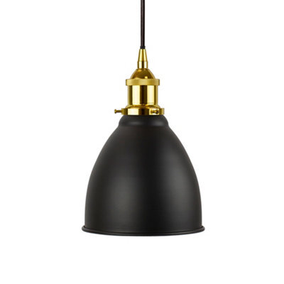 Matt Black Classic Small Pantry Metal Painted Dome Pendant Light With Gold Lamp Holder And Black Round Cable - Se Home