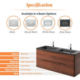 Plum&clay Eden Redwood Wall Hung Vanity Unit With Grey Glass Basin (W)1200mm - thumbnail 7