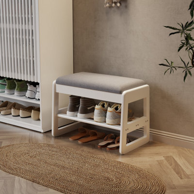 Yqjjgl White Solid Wood 2-Tier Shoe Storage Bench With Flip Top Seat And Hidden Storage Compartment 60Cm - image 1