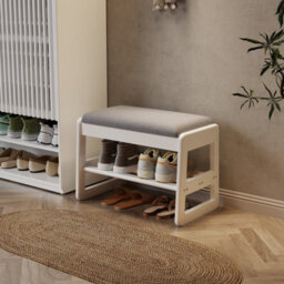 Yqjjgl White Solid Wood 2-Tier Shoe Storage Bench With Flip Top Seat And Hidden Storage Compartment 60Cm