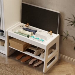 Yqjjgl White Solid Wood 2-Tier Shoe Storage Bench With Flip Top Seat And Hidden Storage Compartment 60Cm - thumbnail 3