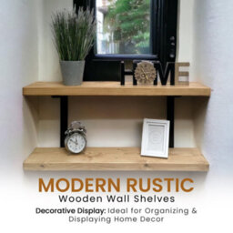 MKGT 40Cm Double Rustic Wooden Shelves Wall-Mounted Shelf With Seated Double Black L Brackets (Rustic Pine) - thumbnail 6