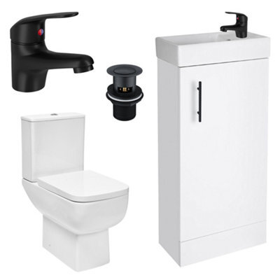 FNX Bathrooms Bubly Bathrooms™ 400mm Compact White Vanity Unit & Basin With Close Coupled Dual Flush Toilet & Matt Black Tap Set - image 1