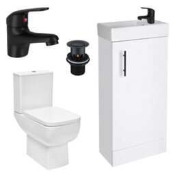 FNX Bathrooms Bubly Bathrooms™ 400mm Compact White Vanity Unit & Basin With Close Coupled Dual Flush Toilet & Matt Black Tap Set - thumbnail 1