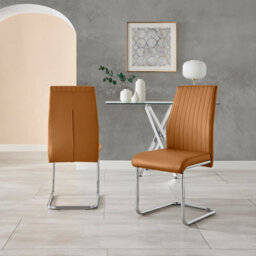 Furniturebox Set Of 2 Dining Chairs - Lorenzo Modern Dining Chairs - Tan Faux Leather Chrome Leg Dining Chairs - Kitchen Dining Room Chairs - thumbnail 7