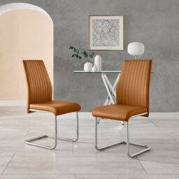 Furniturebox Set Of 2 Dining Chairs - Lorenzo Modern Dining Chairs - Tan Faux Leather Chrome Leg Dining Chairs - Kitchen Dining Room Chairs - thumbnail 8