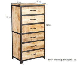Kingwood Upcycled Industrial Vintage Tall Chest Of 6 Drawers Made From Solid Wood & Metal - thumbnail 5