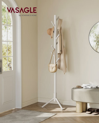 LEDREM Wooden Hall Tree, Adjustable Height Coat Stand With 8 Hooks, For Entryway, Bedroom, Office, Solid Wood, Beige - image 1