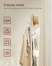 LEDREM Wooden Hall Tree, Adjustable Height Coat Stand With 8 Hooks, For Entryway, Bedroom, Office, Solid Wood, Beige - thumbnail 7
