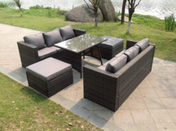 Fimous 8 Seater Lounge Rattan Sofa Dining Table Footstools Outdoor Garden Furniture - thumbnail 1
